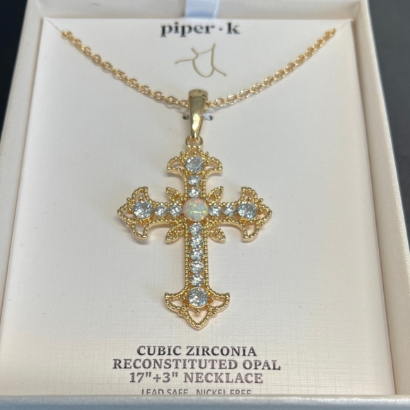 🤍🔹️Piper K 🔹️ Gold Cross Reconstituted Opal and Cubic Zirconia 17" Necklace - Picture 4 of 6